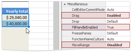 SpreadsheetBehaviorOptions.Drag.Enabled.MoveRange.Disabled.FillHandle.True