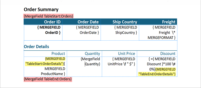 word processor master-detail template document with two regions in a table