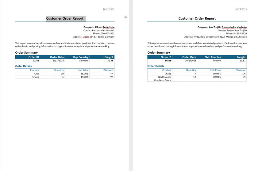 word processing merged master-detailed invoice