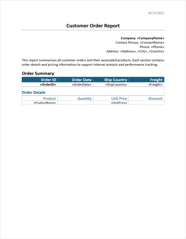 word processing load master-detail template document