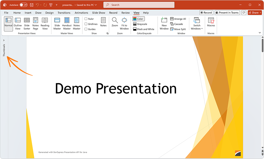 Collapse the Thumbnails Pane, DevExpress Presentation Views for Java