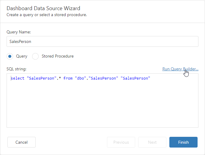 Dashboard Data Source Wizard - Run Query Builder