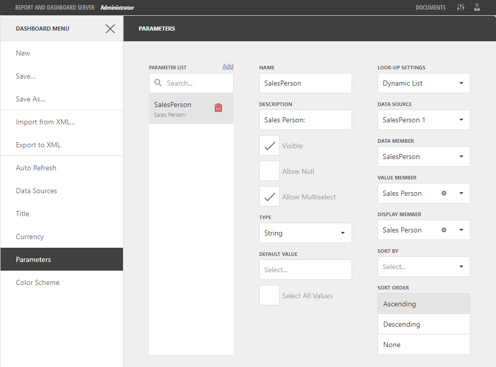 Dashboard Parameter Settings