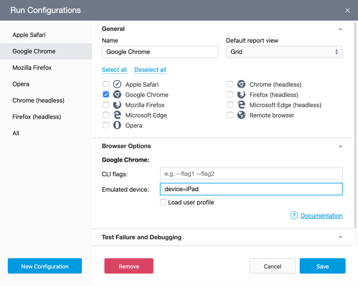 The Run Configuration Dialog with the Emulated Device field