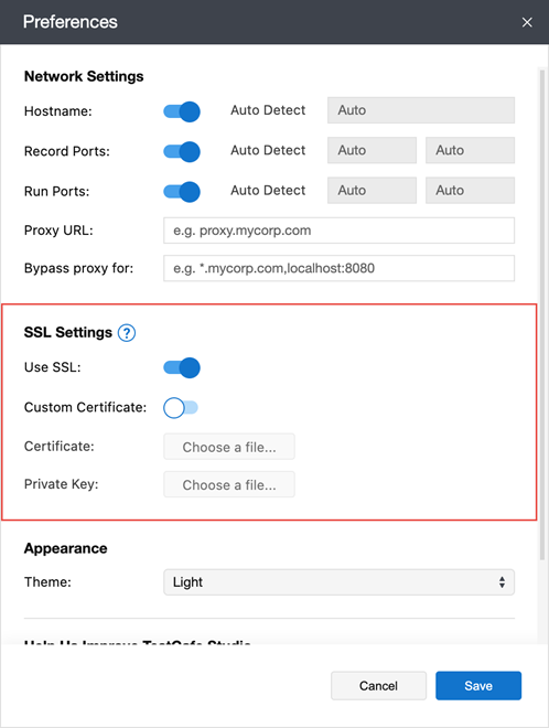 The Preferences dialog with the SSL Settings section