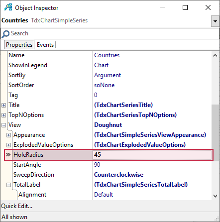 VCL Chart Control: Doughnut View Tutorial. Step 3 - Adjust Doughnut Hole Radius