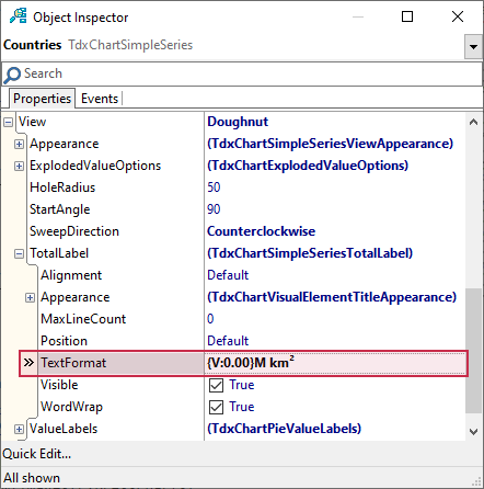 VCL Chart Control: Doughnut View Tutorial. Step 2 - Apply a Formatting Pattern to the Total Label