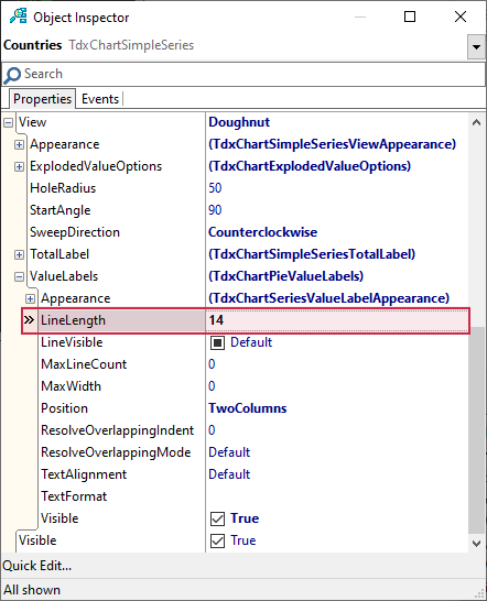 VCL Chart Control: Doughnut View Tutorial. Step 2 - Reduce the Line Length of Value Labels