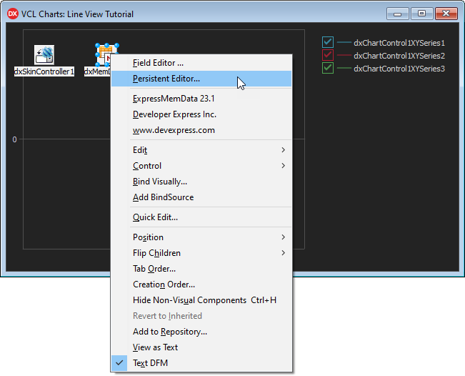 VCL Chart Control: Line View Tutorial. Step 2 - The TdxMemData Component Context Menu