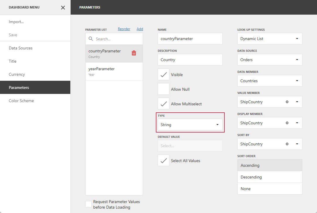 Dashboard Parameters: Type
