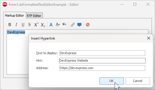 VCL Shared Libraries: The Formatted Text Editor — "Insert Hyperlink" Dialog