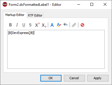 VCL Shared Libraries: The Formatted Text Editor featuring two tabs: Markup Editor and Rich Text Editor