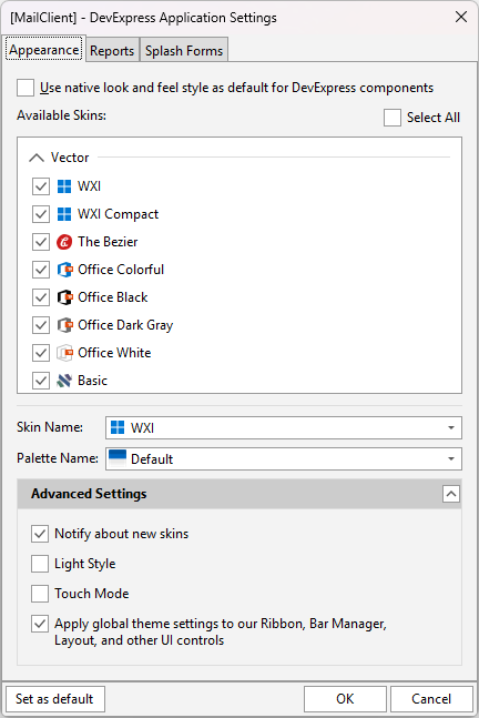 VCL Shared Libraries: The "DevExpress Application Settings" Dialog — Appearance Settings