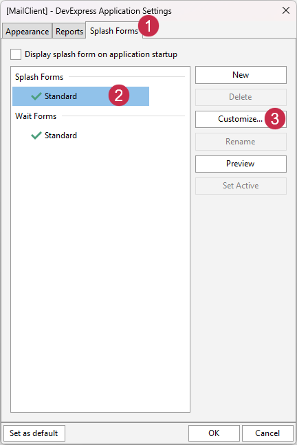 VCL Shared Libraries: DevExpress Application Settings — Open the "Splash Form Designer" Dialog
