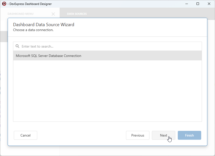 DevExpress Dashboards for Delphi/C++Builder: Dashboard Designer — The Created "Microsoft SQL Server Database Connection" Component