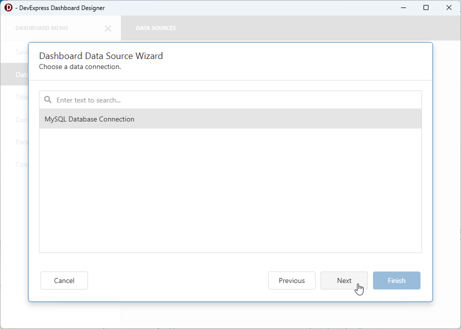 DevExpress Dashboards for Delphi/C++Builder: Dashboard Designer — The Created "MySQL Database Connection" Component