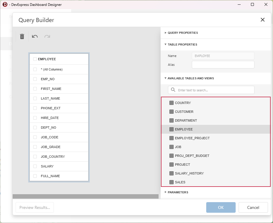 VCL Backend: Dashboard Designer - The Query Builder Populated with Firebird Database Tables