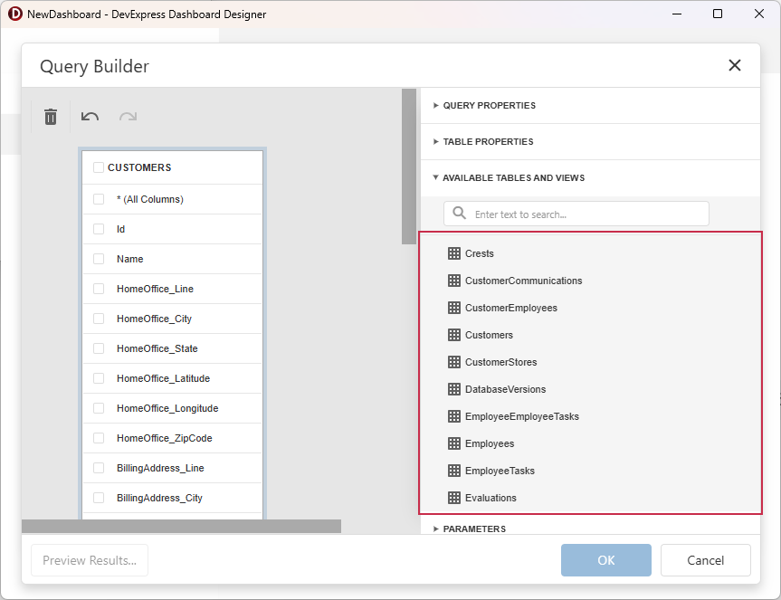 VCL Backend: Dashboard Designer - The Query Builder Populated with SQLite Database Tables