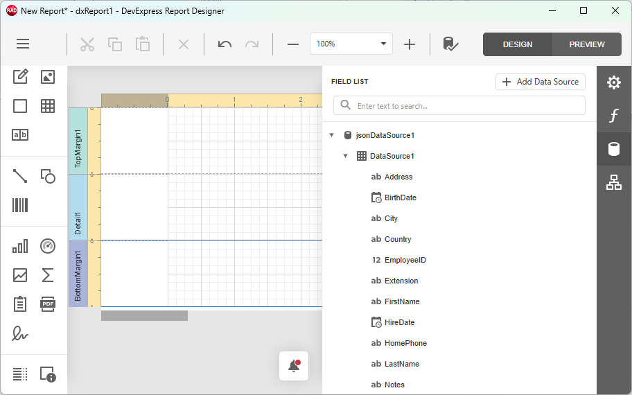 DevExpress Reports for Delphi/C++Builder: The Populated "FIELDS" Pane in the Report Designer Dialog