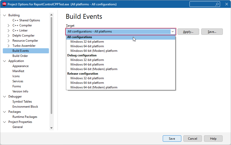 VCL Shared Libraries: Project Options — Select the Target Platform