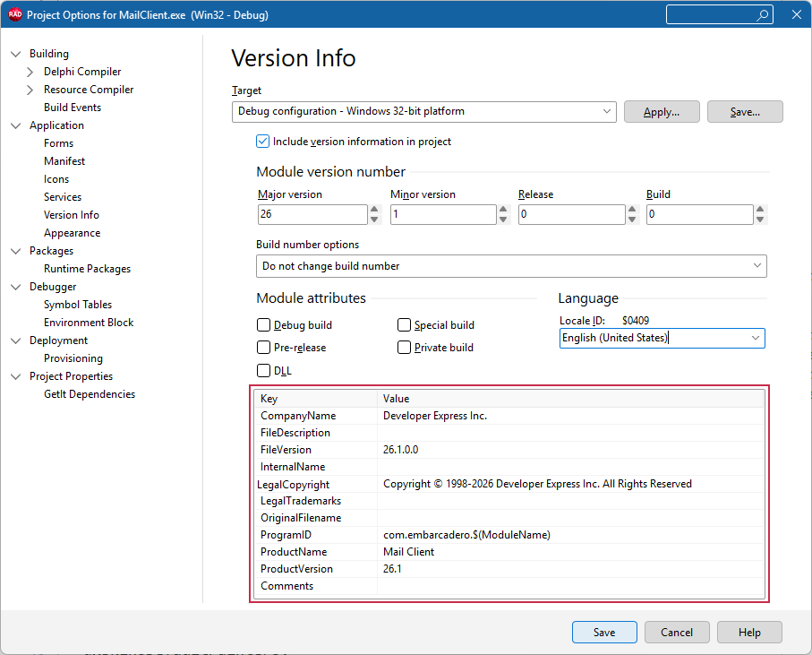 VCL Shared Libraries: Project Options — The "Version Info" Page with Application Properties