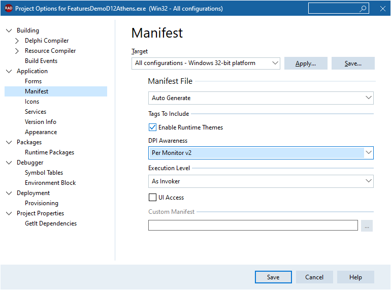 VCL Shared Libraries: The DPI Awareness Option in the Project Options Dialog