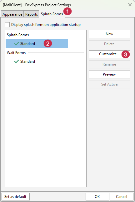VCL Shared Libraries: Project Settings — Open the "Splash Form Designer" Dialog