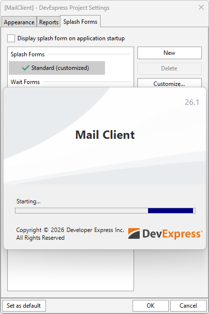 VCL Shared Libraries: A Splash Form Preview Example in the "DevExpress Application Settings" Dialog