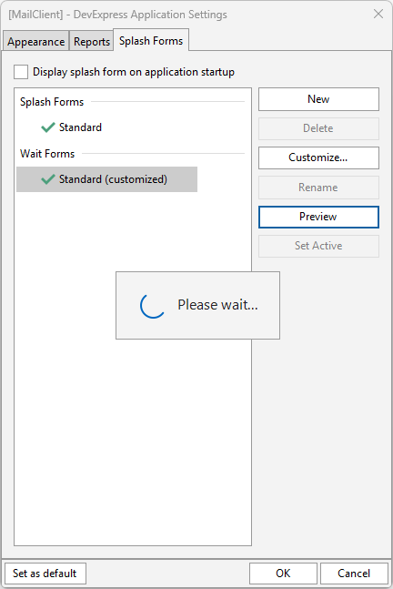 VCL Shared Libraries: A Wait Form Preview Example in the "DevExpress Application Settings" Dialog