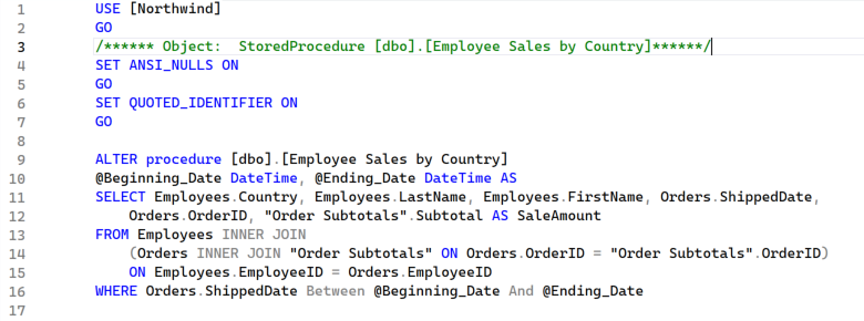 VCL Dashboards: Stored Database Procedure that Returns Sales by Employee, Country, and Time Period