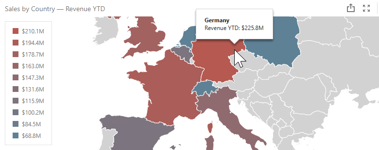 VCL Dashboards: Map Dashboard that Displays Sales in European Countries
