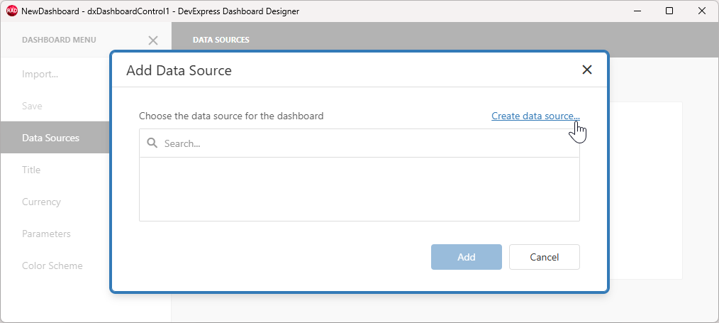 VCL Dashboards: The 'Data Sources' Pane — 'Add Data Source' Dialog