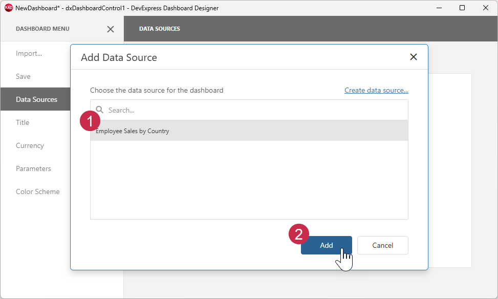 VCL Dashboards: The 'Data Sources' Pane — The 'Add Data Source' Dialog with the Created Data Source