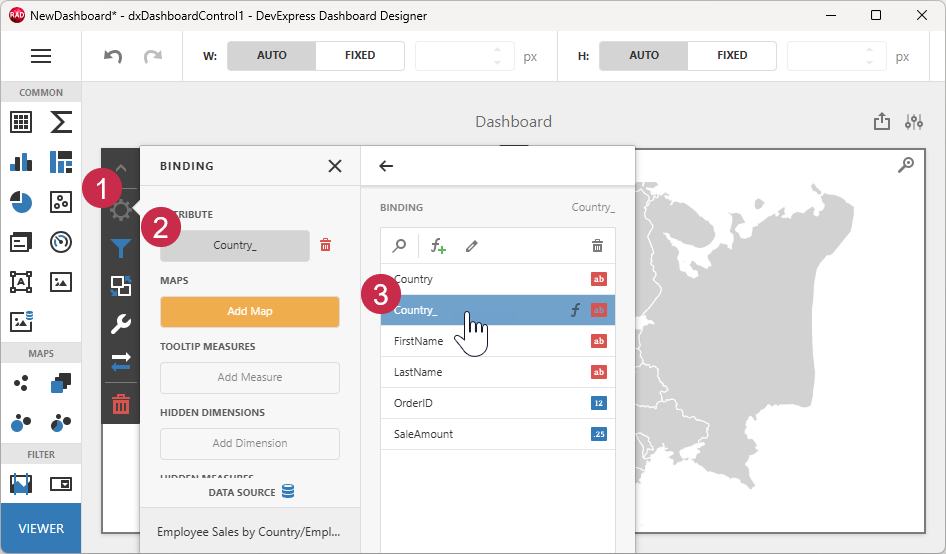 VCL Dashboards: "Binding" Callout — Select the Country Name Source Field