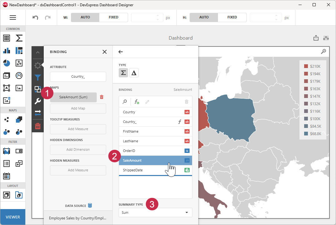 VCL Dashboards: "Binding" Callout — Select the Sale Amount Field
