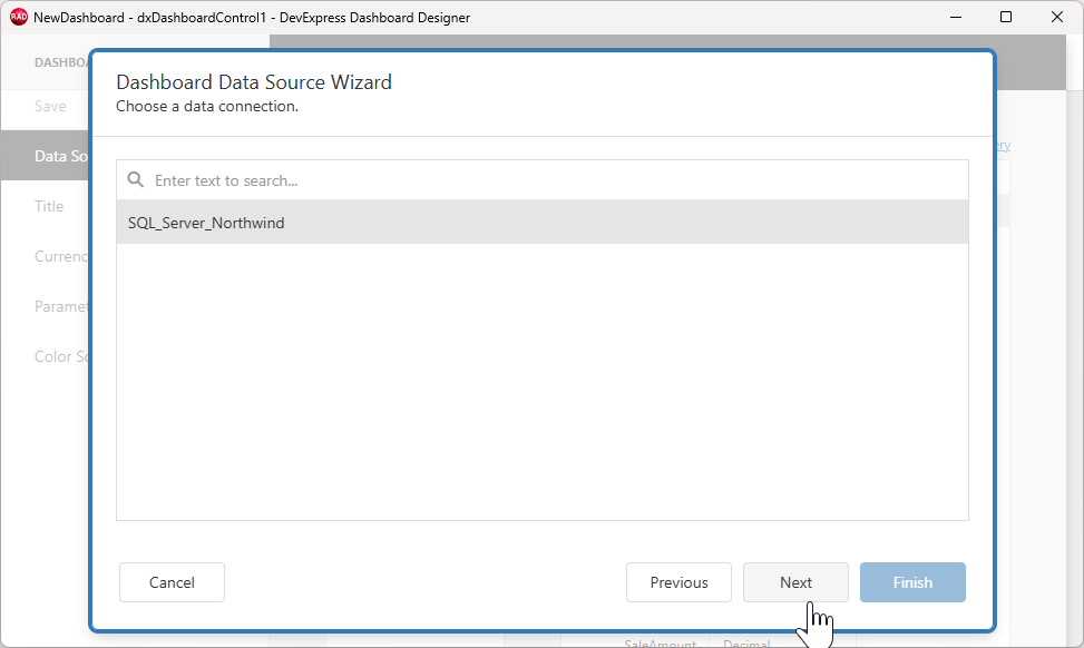 VCL Dashboards: The Data Source Wizard — 'Choose a Data Connection' Dialog