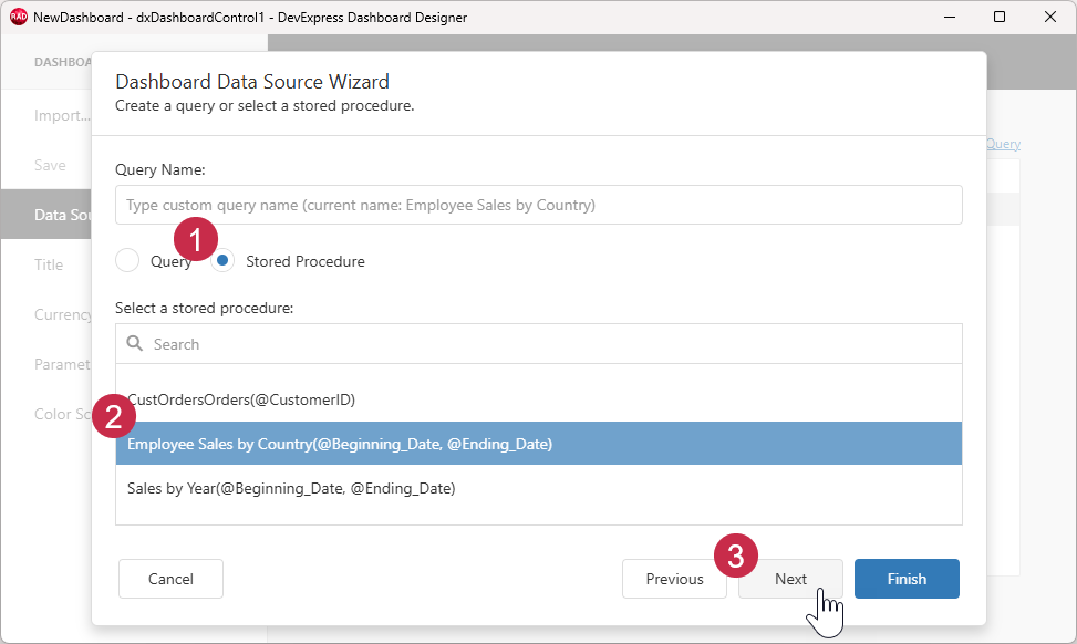 VCL Dashboards: The Data Source Wizard — 'Create a Query or Select a Stored Procedure' Dialog