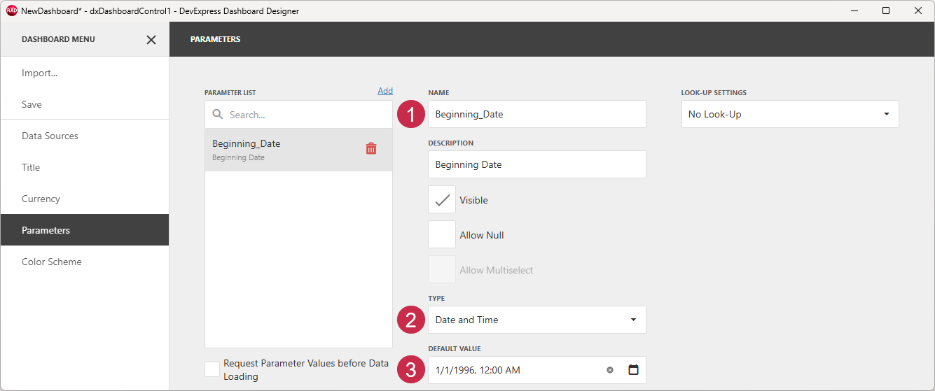 VCL Dashboards: The Dashboard Designer Menu — 'Beginning Date' Parameter Settings
