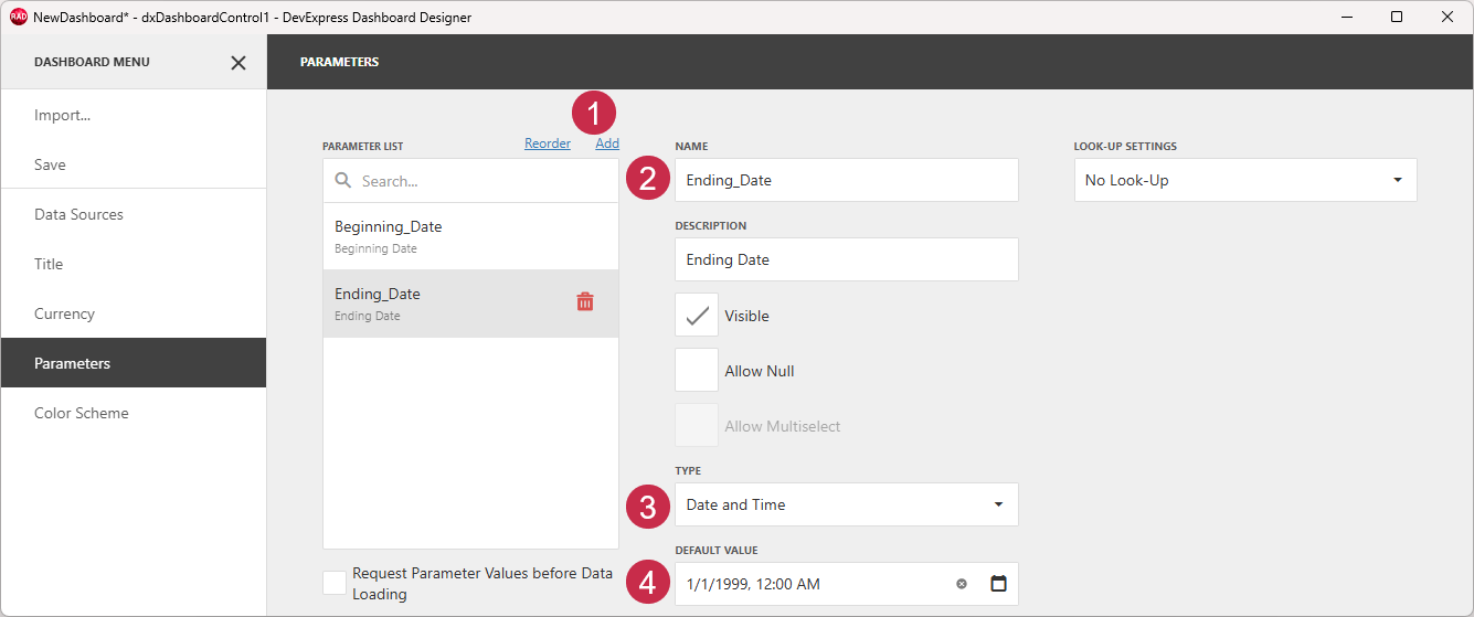 VCL Dashboards: The Dashboard Designer Menu — 'Ending Date' Parameter Settings