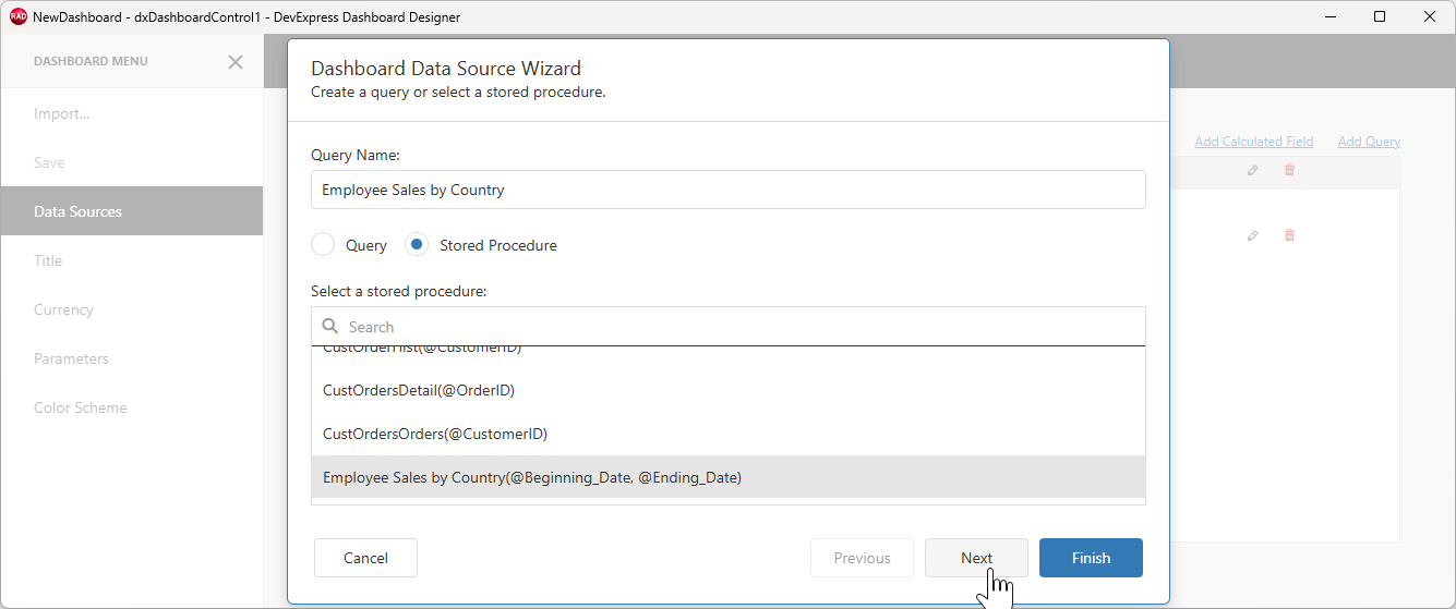 VCL Dashboards: The Dashboard Designer — Data Source Wizard, Stored Procedure Selection