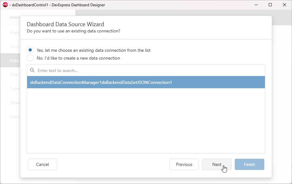 VCL Dashboards: Select the Configured Dataset Component in the Data Source Wizard