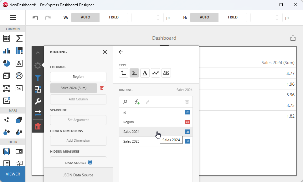 VCL Dashboard: Dashboard Designer — Add a Second Column and Bind it to the "Sales 2024" Field
