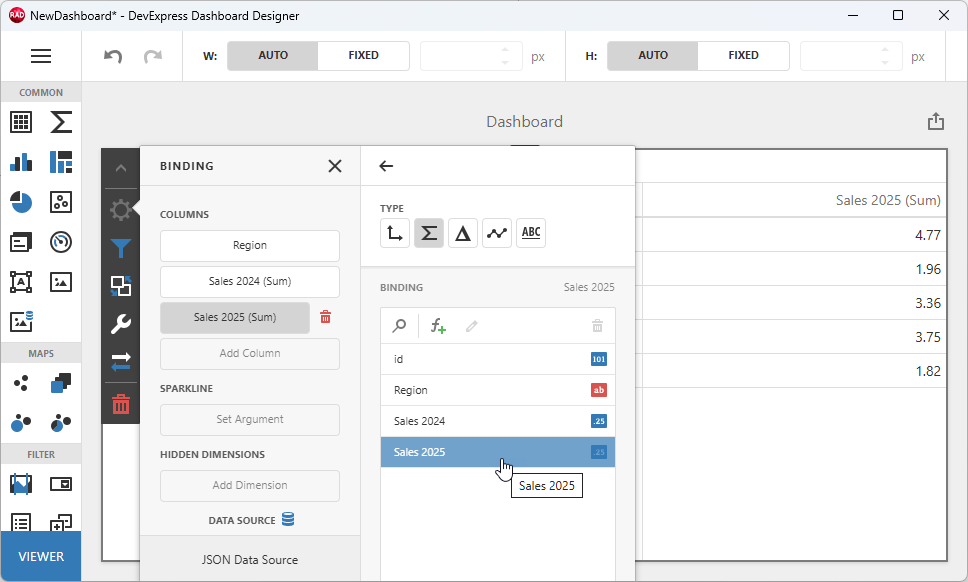 VCL Dashboard: Dashboard Designer — Add a Third Column and Bind it to the "Sales 2025" Field