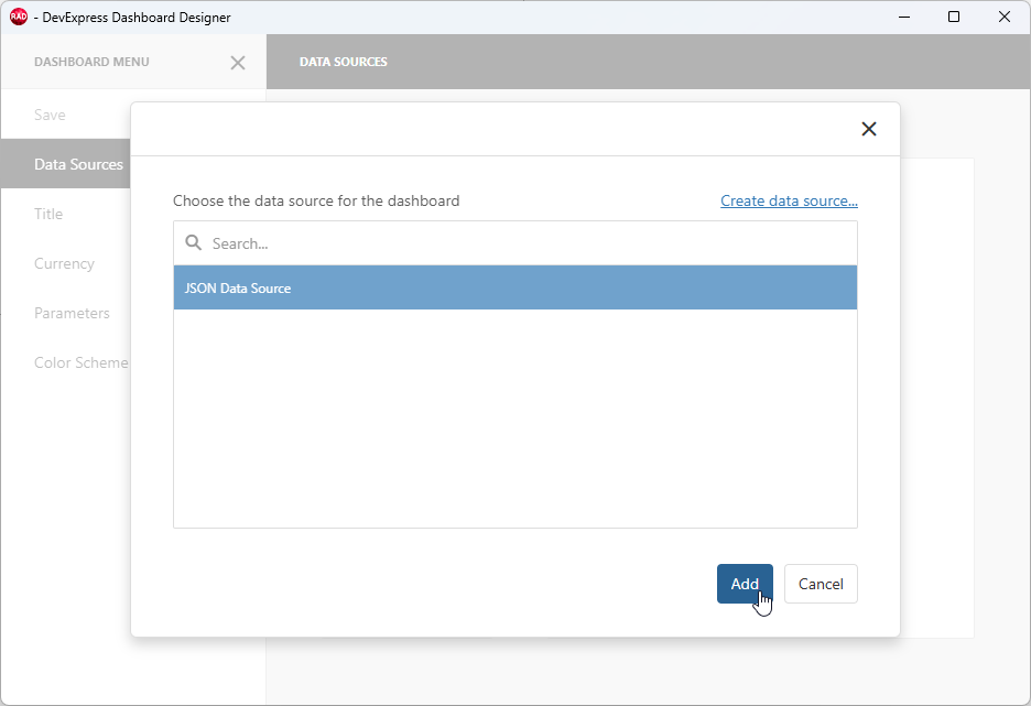VCL Dashboards: Dashboard Designer — Add the Created Data Source