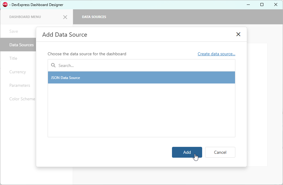 VCL Dashboards: Add the Created JSON Data Source