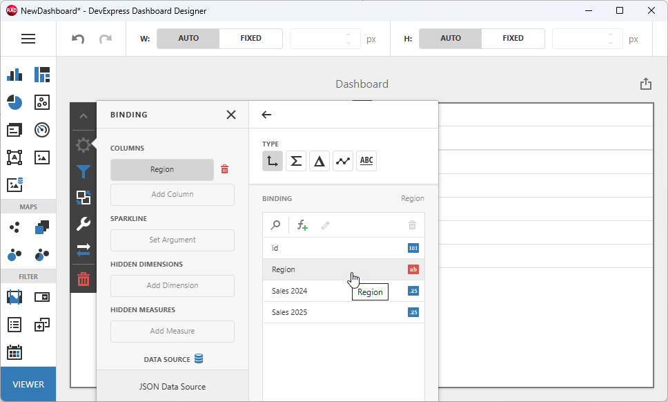 VCL Dashboards: Dashboard Designer — Bind the Created Column to the Region Field