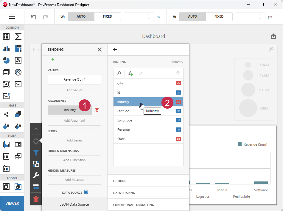 VCL Dashboards: Bind the Chart to the "Industry" Field