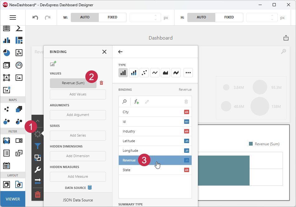 VCL Dashboards: Bind the Chart to the "Revenue" Field