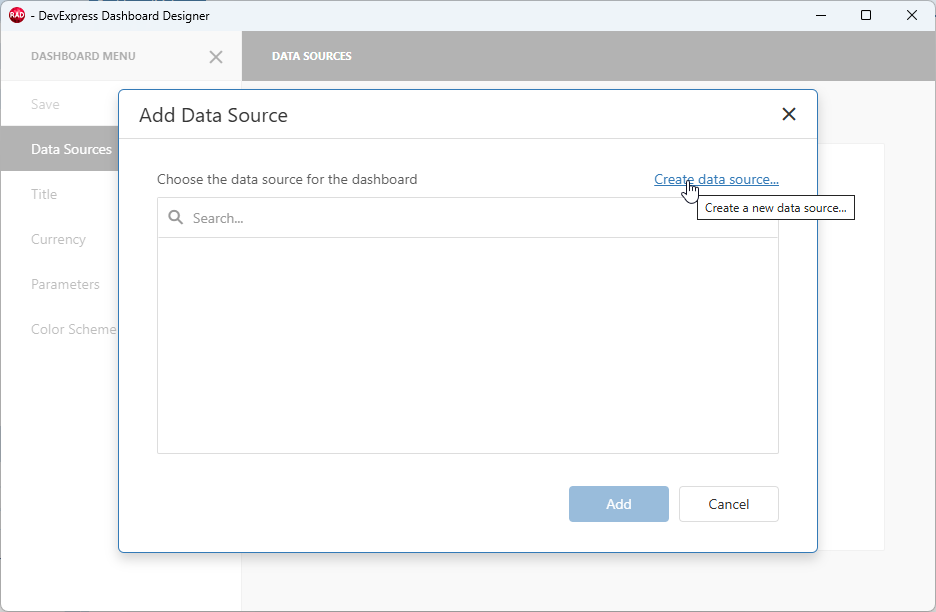 VCL Dashboards: Dashboard Designer — The "Add Data Source" Dialog