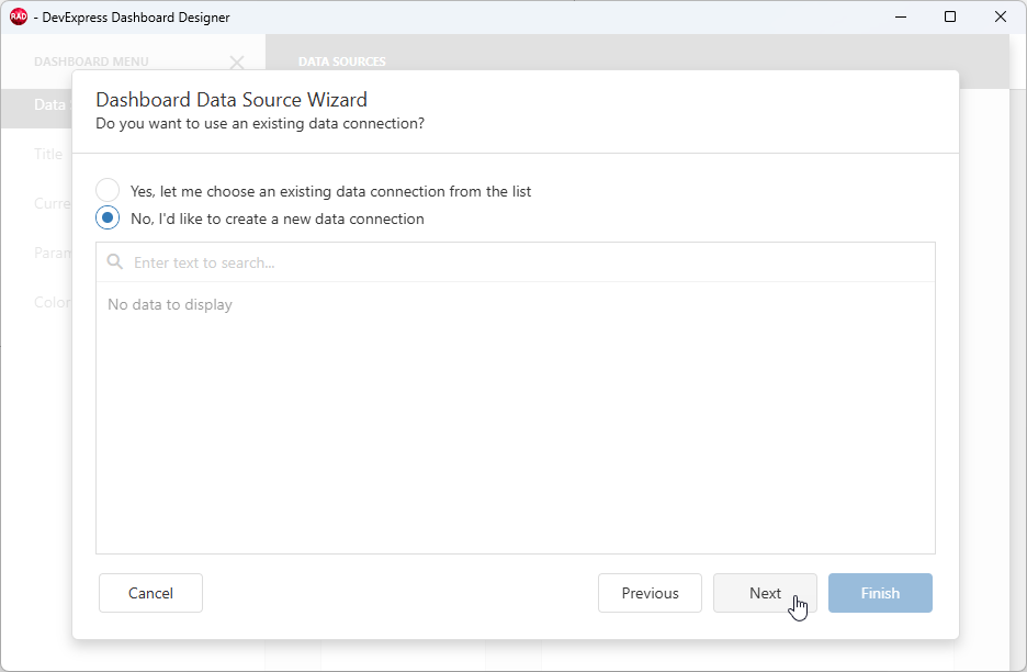 VCL Dashboards: Dashboard Designer — Create a New Data Connection
